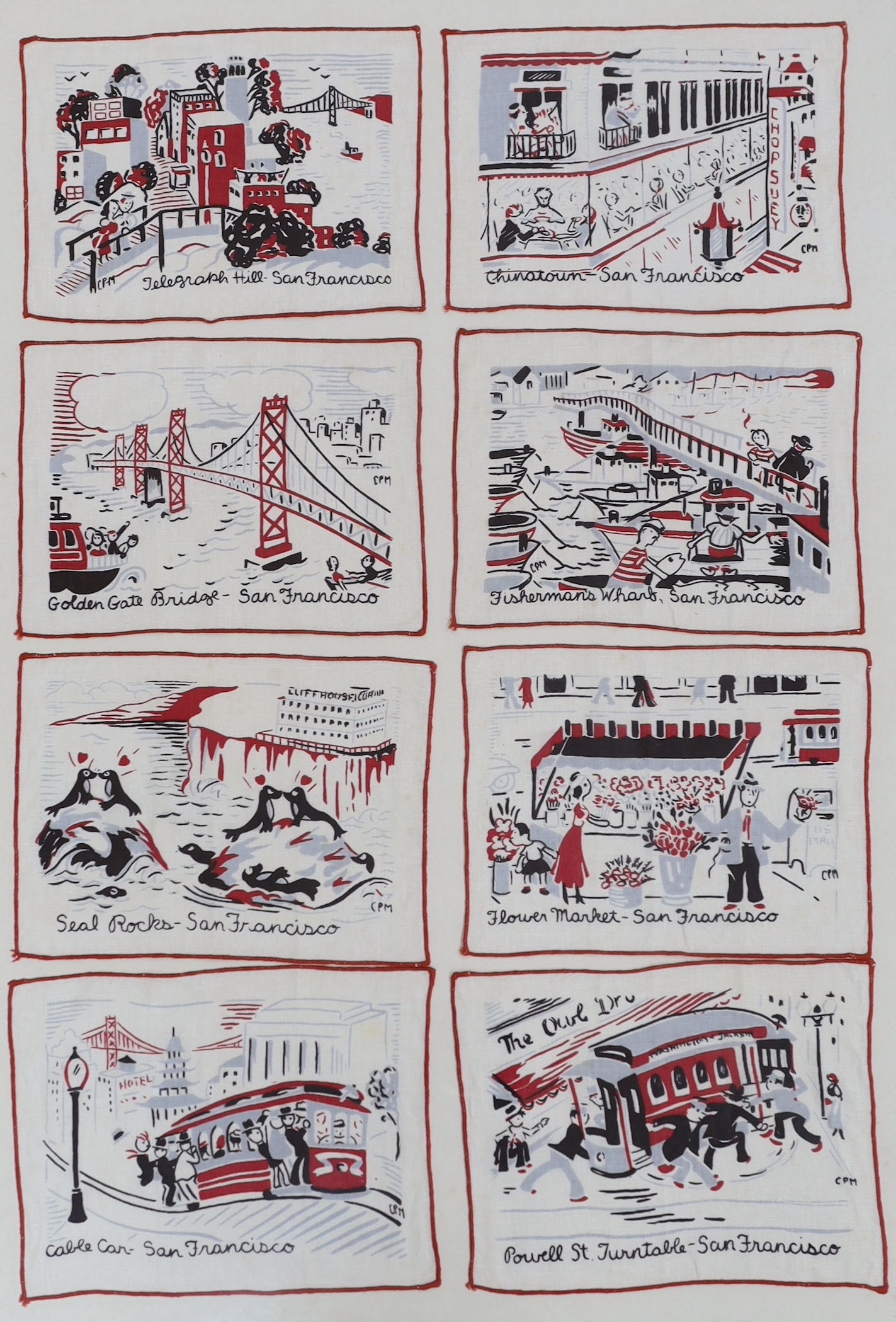 Sixteen vintage American cocktail napkins (1940's /50's), mounted and framed as two, each overall 70 x 50cm
